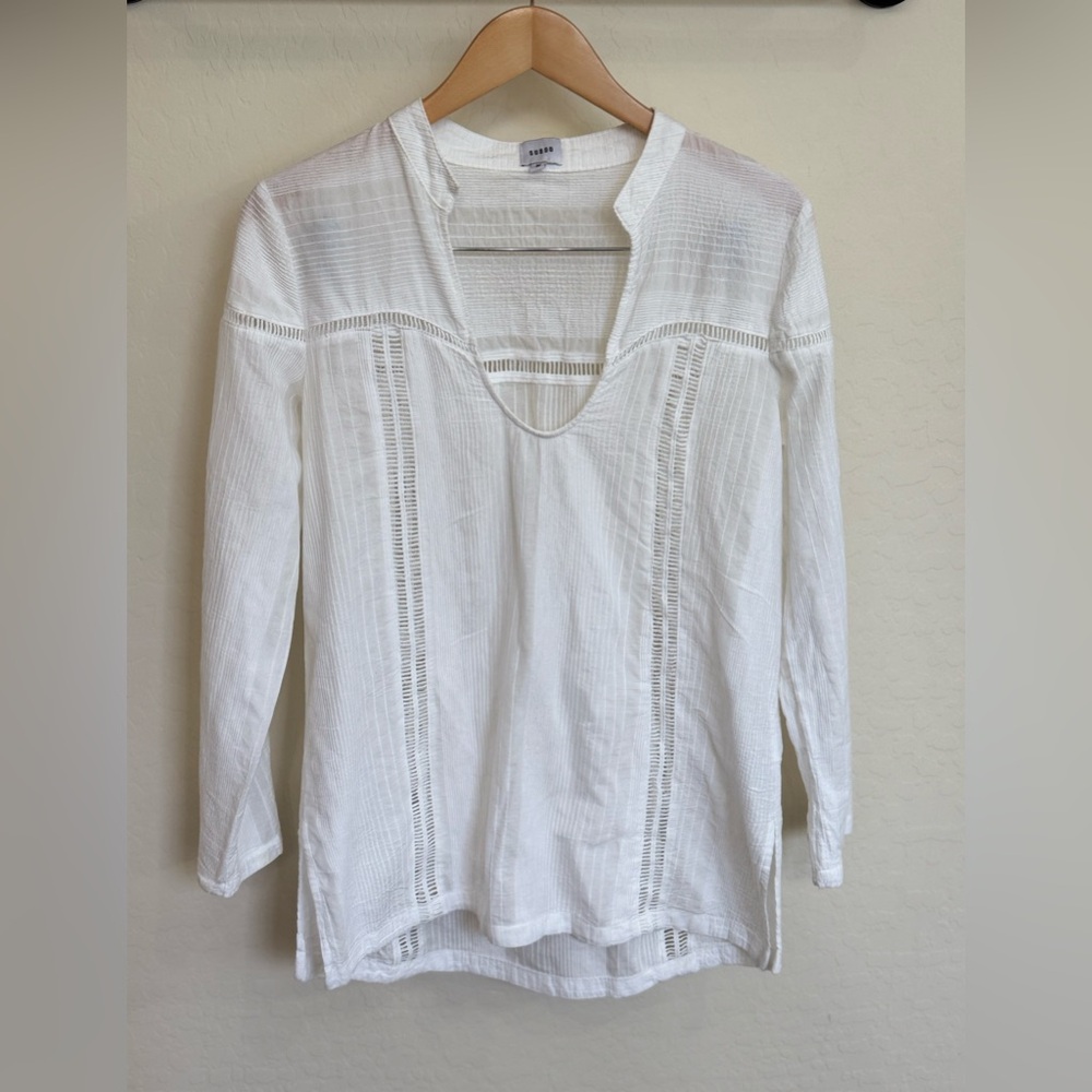 SUBOO White Cotton Pintuck Lace Split V-Neck Tunic Blouse Top Size M